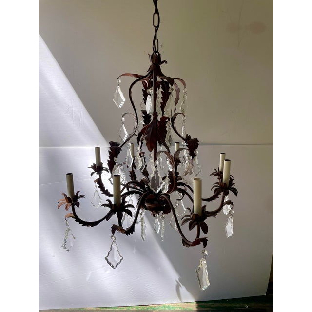 Hollywood Regency Tole Crystal Chandelier For Sale - Image 3 of 11