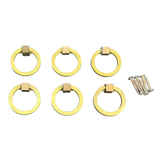 Original 1940's Mid-Century Modern Brass Drop Ring Drawer Pulls - Set 6 For Sale