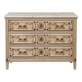 French Neoclassical Style New York Commode / Chest With Bronze & Travertine Top For Sale