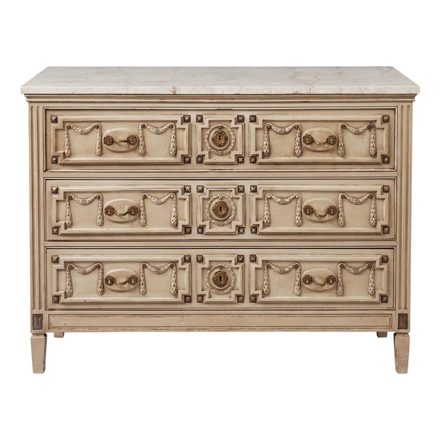 French Neoclassical Style New York Commode / Chest With Bronze & Travertine Top For Sale