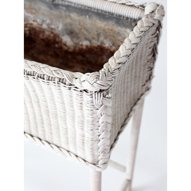 Antique White Wicker Plant Stand With Removable Metal Liner For Sale - Image 10 of 18