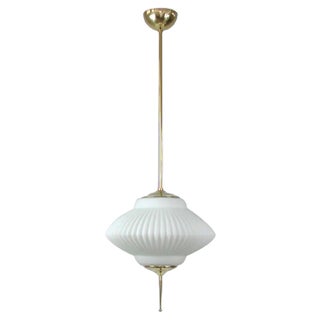 Mid-Century Modern Ribbed Milk Glass and Brass Globe Pendant from Stilnovo For Sale