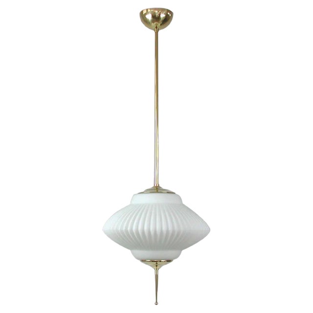 Mid-Century Ribbed Milk Glass & Brass Globe Pendant Attributed to Stilnovo For Sale
