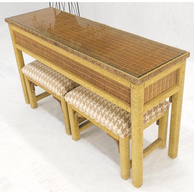Glass Mid Century Modern Wicker Glass Top Consoel Table w/ Pair of Matching Benches For Sale - Image 7 of 18