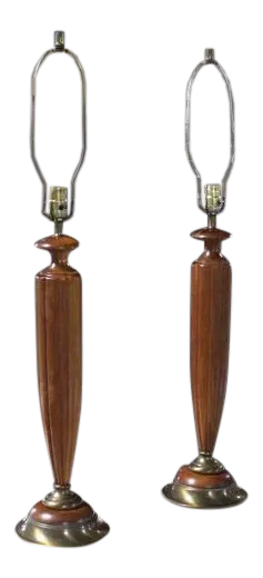 Heavy Carved Walnut and Brass Mid-Century Modern Table Lamps - a Pair