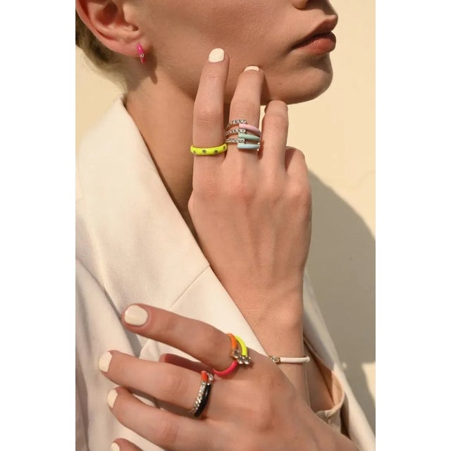 Neon Enamel Diamond Ring Solid 14k Yellow Gold Stacking Band Ring Size 7 For Sale - Image 11 of 12