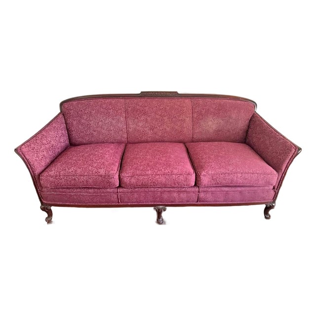 Victorian Carved Wood Sofa & Armchair Set in Rose Upholstery, Set of 2 For Sale