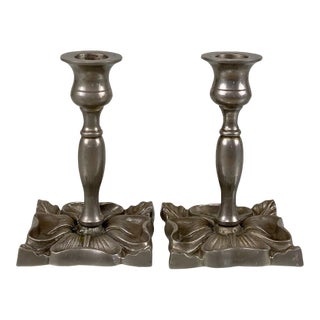 Antique Victorian Pewter Floral Motif Candlestick Holders - a Pair For Sale