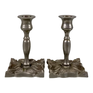 Antique Victorian Pewter Floral Motif Candlestick Holders - a Pair