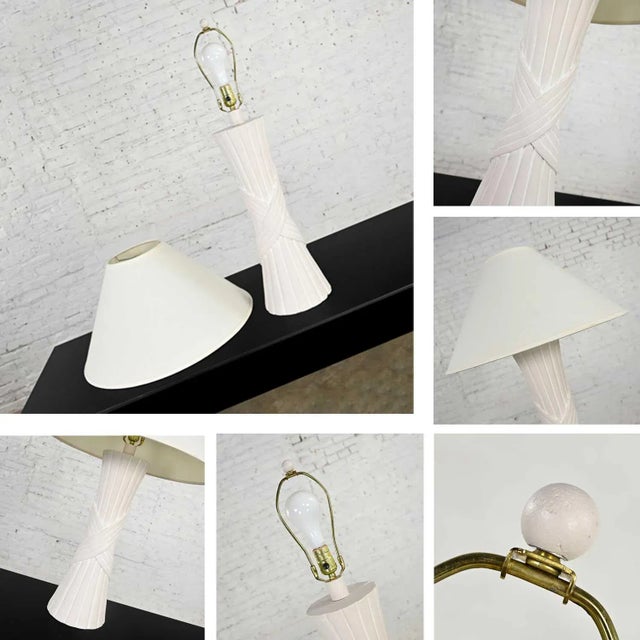 Vintage Modern White Plaster Faux Rattan Design Table Lamp With Coolie Shade by Sunset Lamp Corp For Sale - Image 9 of 13