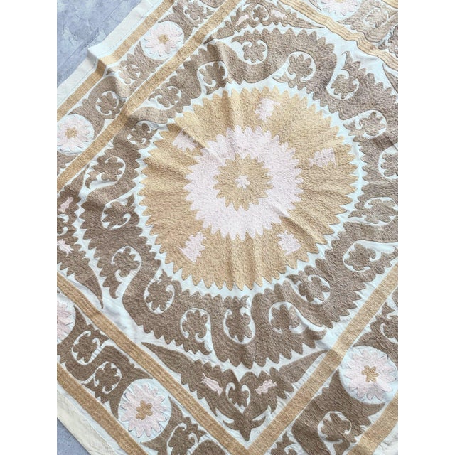 Tan Suzani Embroidered Wall Hanging - Neutral Tan Uzbek Tablecloth For Sale - Image 8 of 9