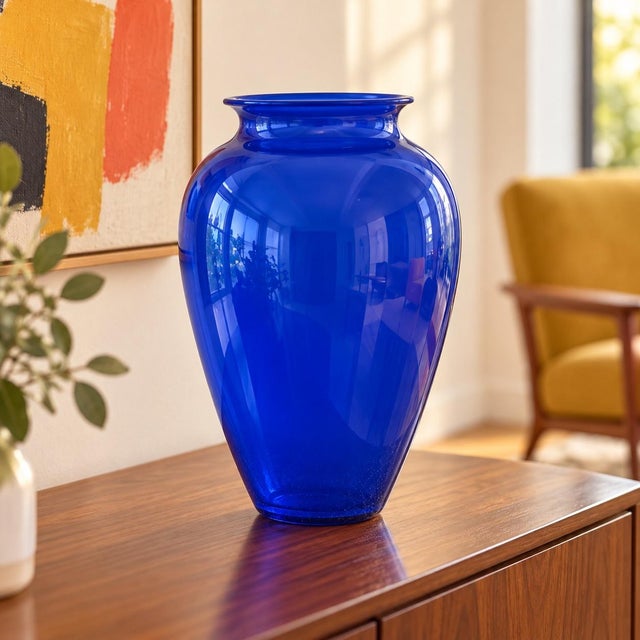 Late 20th Century Large Cobalt Blue Art Glass Vase With Flared Rim, 13″ Tall Statement Piece Table Centerpiece For Sale - Image 5 of 8
