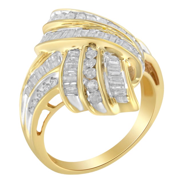 10K Yellow Gold Plated .925 Sterling Silver 1.0 Cttw Round & Baguette Diamond Knot Channel Statement Ring , Size 7.75 For Sale