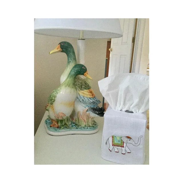 Boho Chic Aqua Elephant Tissue Box Cover in White Linen & Cotton, Embroidered For Sale - Image 3 of 5