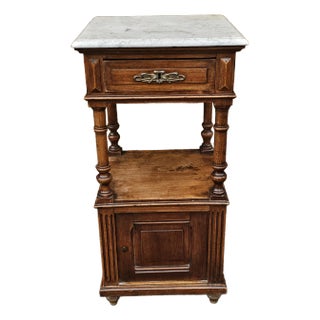 19th C. French Renaissance Revival Walnut and Marble Top Bedside Table For Sale