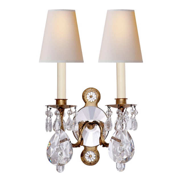 Thomas O'Brien for Visual Comfort Signature Yves Crystal Double Arm Sconce in Gilded Iron & Crystal with Natural Percale Shades For Sale