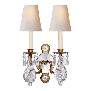 Thomas O'Brien for Visual Comfort Signature Yves Crystal Double Arm Sconce in Gilded Iron & Crystal with Natural Percale Shades