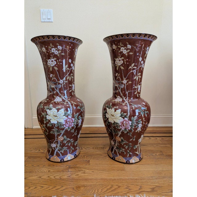 Brick Red 1980s Exceptional & Rare Pair of Extra Tall Castilian Floral Porcelain 32" Vases - Highly Collectable For Sale - Image 8 of 9