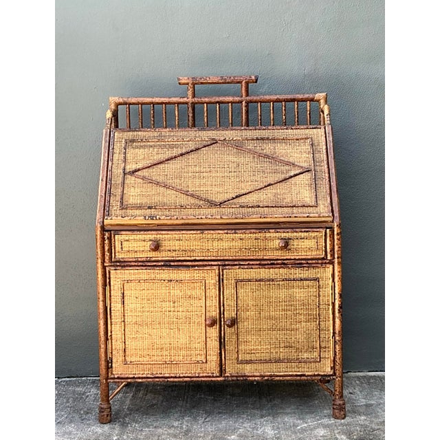 Vintage Tortoise Burnt Rattan Drop Front Desk For Sale - Image 11 of 12