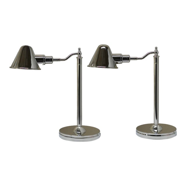 Pair of Ralph Lauren Polished Nickel Chrome Pharmacy Desk Lamps For Sale