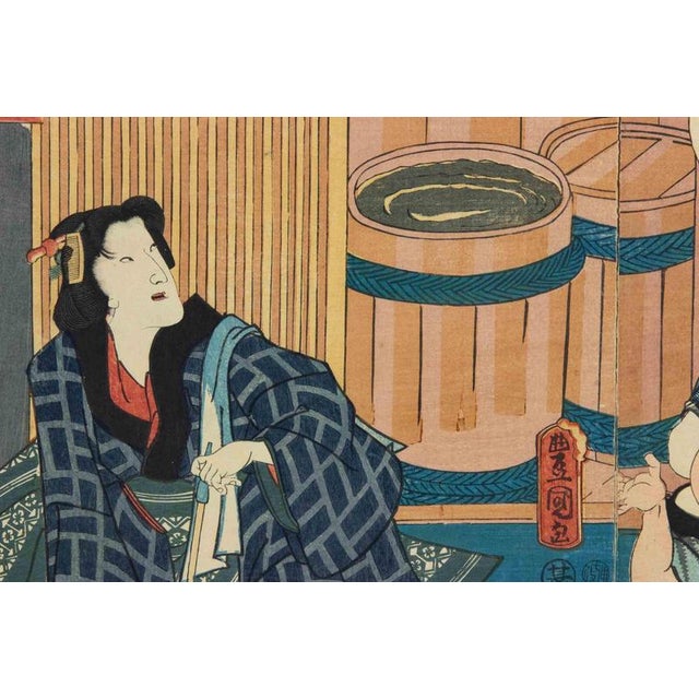 Utagawa Kunisada, Kabuki Scene in an Oil Shop, 1850s, Woodcut For Sale - Image 3 of 4