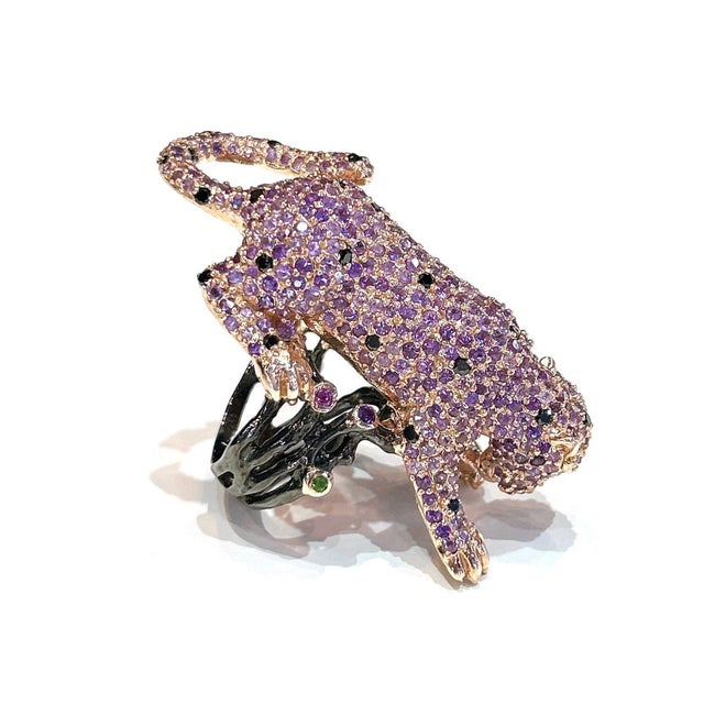 Purple Bochic “Orient” Panthere Amethyst & Sapphire Ring Set In 18K Gold & Silver For Sale - Image 8 of 10