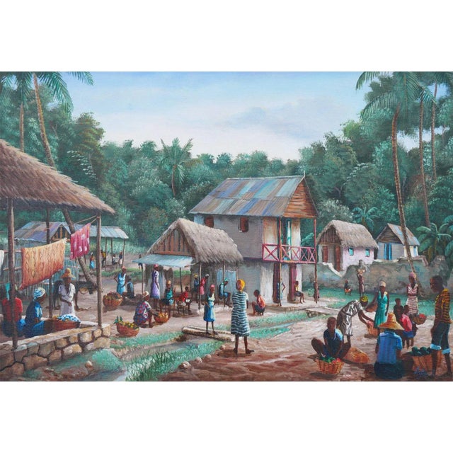 Late 20th Century Late 20th Century Modern Realist Green and Blue-Toned Rural Village Market Landscape Painting byJean-Felix Defournoy For Sale - Image 11 of 12