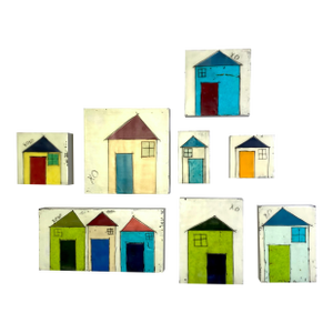 Encaustic Collage Installation by Gina Cochran - "Tiny Dwellings" Series - The Whole Village - Set of 8