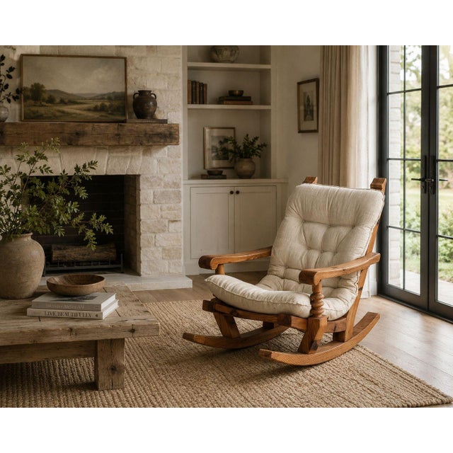 Collden, Swedish Mid-Century Modern, Large Rocking Chair, Pine, Fabric, Sweden, 1970s A large brutalist form rocking chair...