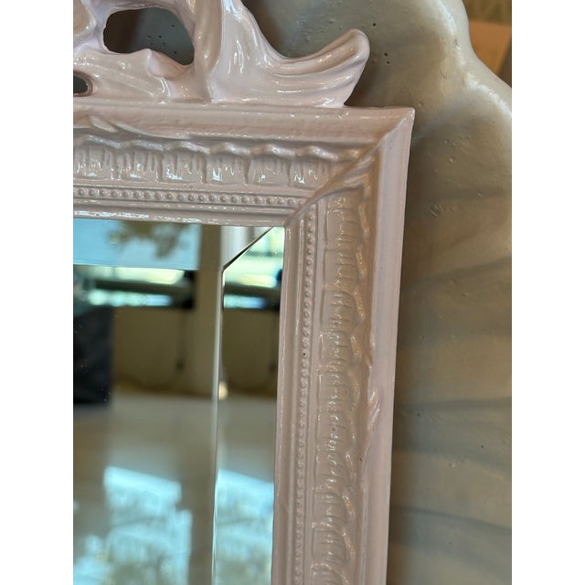 Glass Vintage Pair Light Pink Lacquered Palm Beach Scalloped Shell Wall Mirrors For Sale - Image 7 of 12