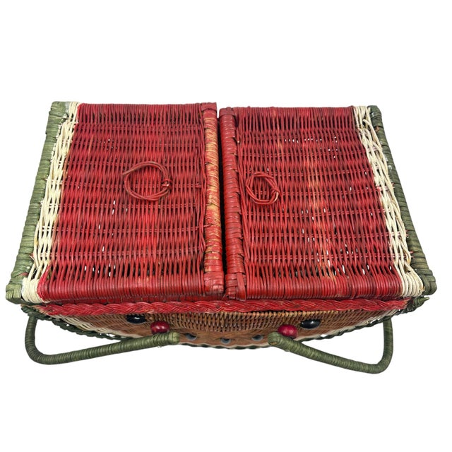 Folk Art Vintage Boho Trompe L’Oeil Watermelon Wicker Picnic Basket. For Sale - Image 3 of 12
