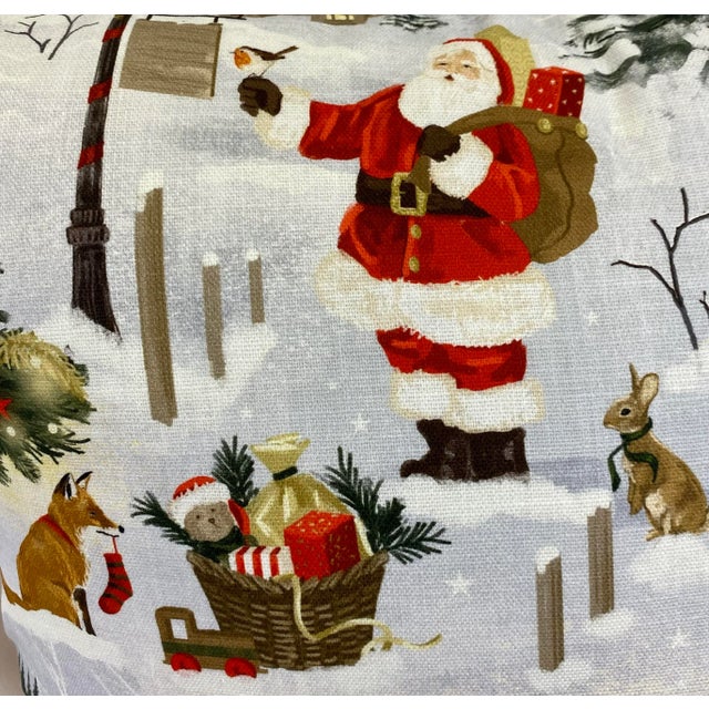 Festive 20” Square Santa With Animal Friends Christmas Themed Pillow With Red Velour-Like Back - Made in U K For Sale - Image 4 of 11