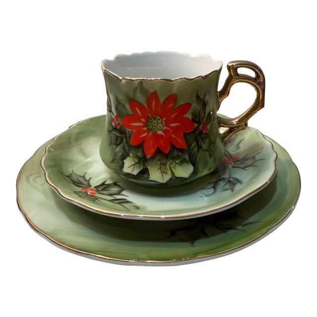 Mid 20th Century Lefton Handpainted Poinsettia Teacup, Saucer, Dessert Plate Set - 3 pcs For Sale