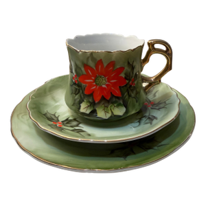 Mid 20th Century Lefton Handpainted Poinsettia Teacup, Saucer, Dessert Plate Set - 3 pcs