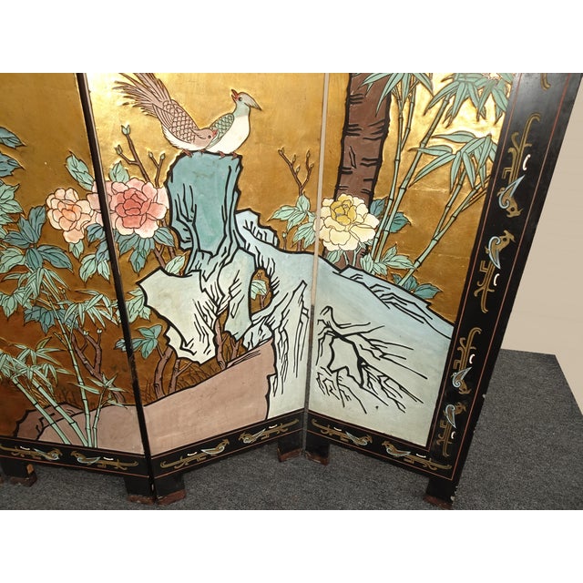 Wood Vintage Oriental Asian Gold Four Panel Screen Room Divider Coromandel W Birds For Sale - Image 7 of 12