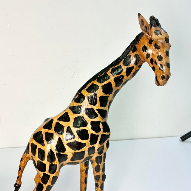 Boho Chic 1970s Vintage Safari Boho Chic Italian Leather Wrapped Giraffe and Leopard Figurals - A Pair For Sale - Image 3 of 18