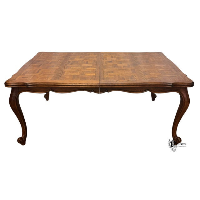 French Provincial Vintage Century French Country Style Oak Parquet Extension Dining Table For Sale - Image 3 of 12