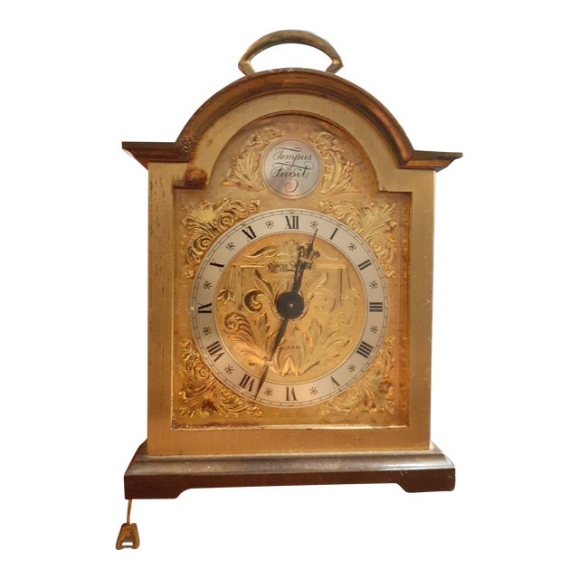 1950s Tempus Fugit Swiss Gold Tone Carriage Analog Desk Clock For Sale