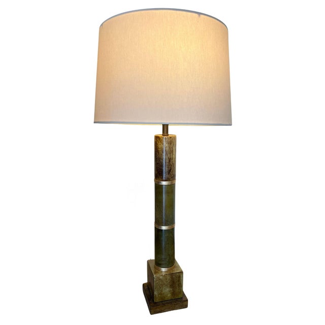 Mid-Century Modern Vintage Mid-Century Jade Column Table Lamp With Cream Lampshade For Sale - Image 3 of 15