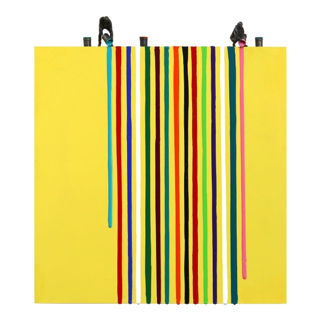 Yellow Drip II - Original Modern Yellow Abstract Acrylic and Aluminum Art on Wood Panel For Sale