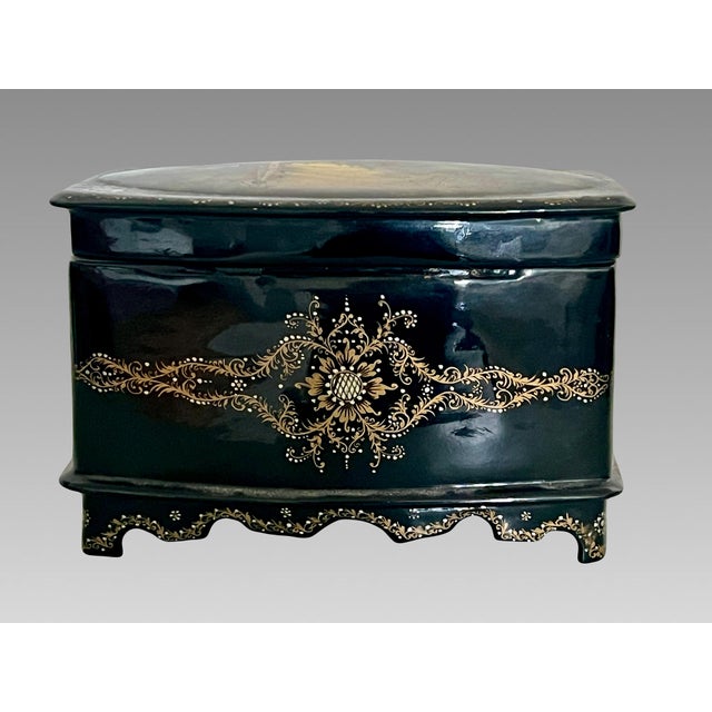 Vintage Russian Black Lacquer Fedoskino Box, Mother of Pearl Sunset, Winter Snow, Artist Signed & Dated For Sale - Image 4 of 13