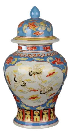 Antique Chinese Ceramic Pot Qing Dynasty Qianlong Marked Blue Ground Famille Rose Porcelain Ginger Jar Hand Painted Cranes Pattern