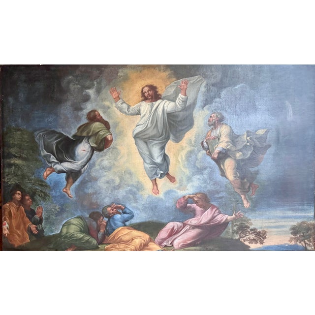 Large canvas painting, "The Transfiguration of Jesus Christ," 18th century, follower of Raphael. This work depicts a...