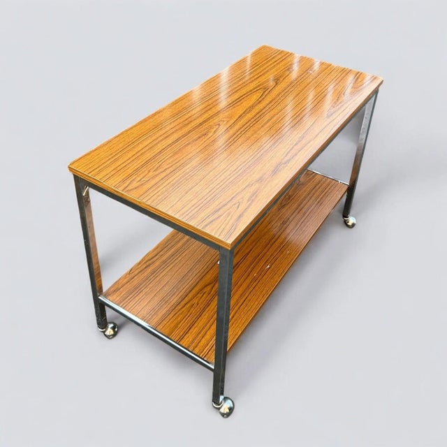 Brown Mid-Century Walnut and Chrome Bar Cart For Sale - Image 8 of 13