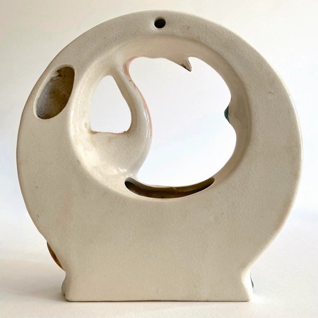 Vintage Art Deco 1940's Japan Art Pottery Hand Painted Flamingo Bird Porcelain Wall Pocket Vase For Sale - Image 11 of 13