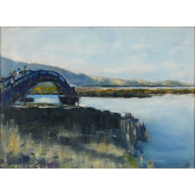 Beautiful mid century landscape painting of an arched bridge over a glassy lake with tiny figures by unknown artist...