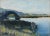 Beautiful mid century landscape painting of an arched bridge over a glassy lake with tiny figures by unknown artist...