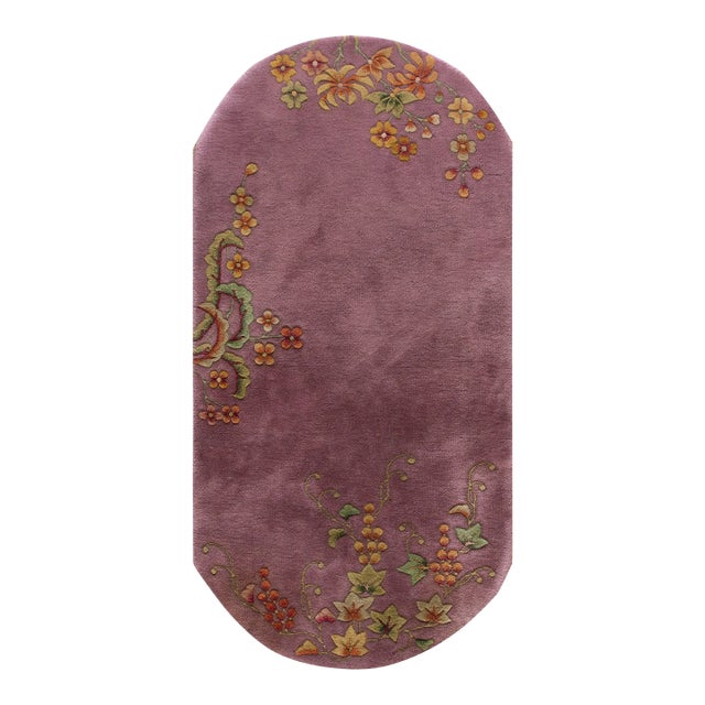 Beautiful Rose Ground Color With Small Saffron Daisies in a Floral Design Antique Oval Art Deco Rug For Sale