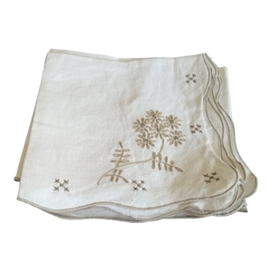 1980s Square Hand Embroidered Beige Linen Napkins- Set of 8
