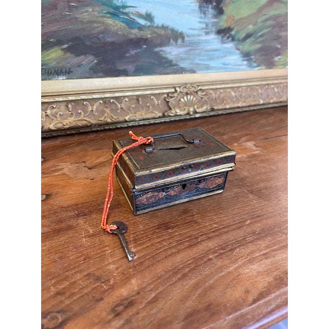 American Likely Antique Toleware Painted Tin Lock Box With Key, 19th Century For Sale - Image 3 of 10
